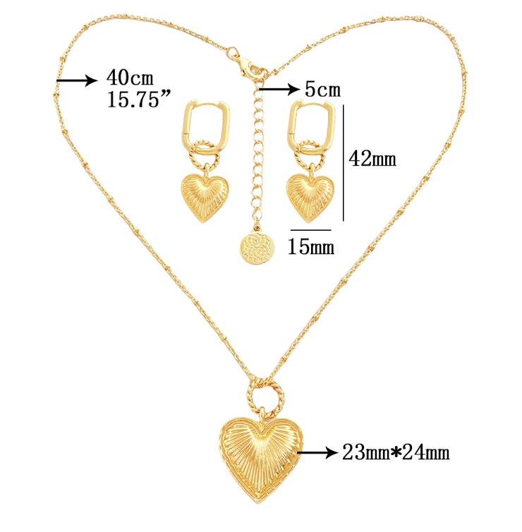 Ridge Heart Pendant Necklace and Earrings Set