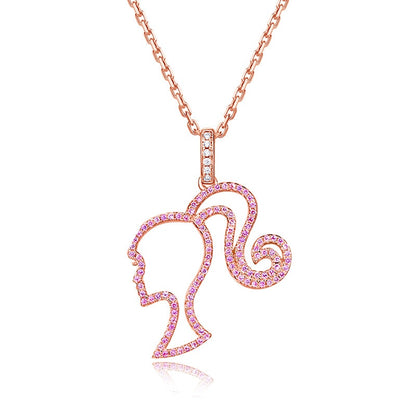 Barbie Inspired Silhouette Head Logo Necklace Pendant Gold Plated with Gorgeous Rhinestones